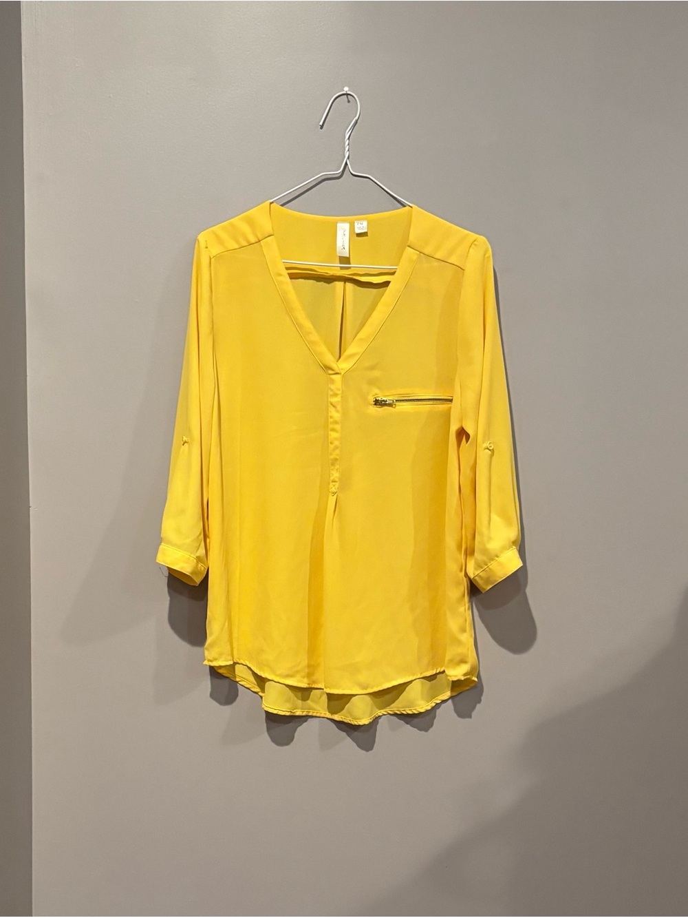 Tacera Bright Yellow V-Neck Roll-Tab Blouse